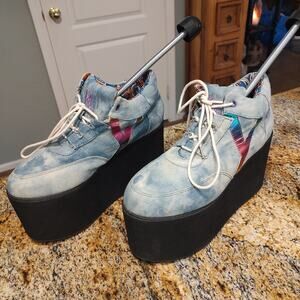 YRU Vintage Denim Platform Sneakers Size 39 with Embroidered Details 8.5 US